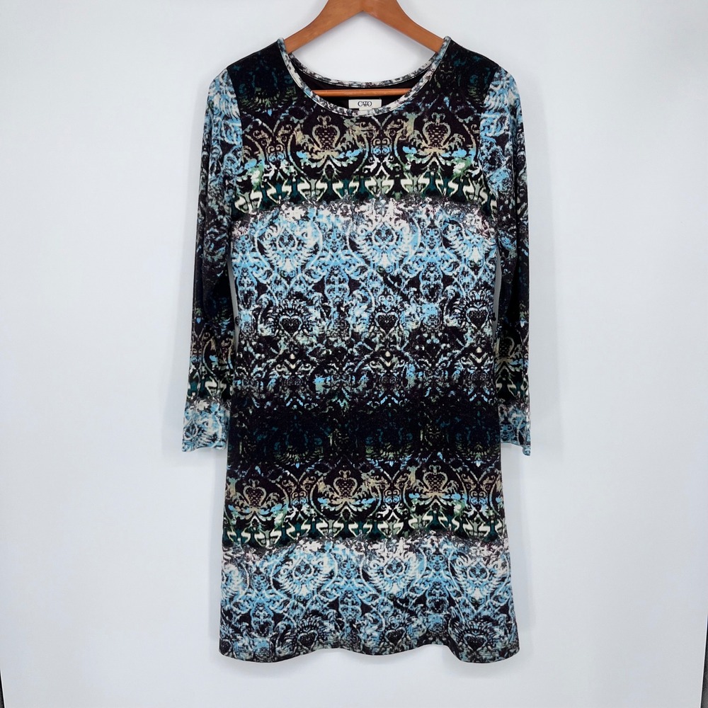 Cato Sheath Dress Womens Small Blue Green‎ Damask Long Sleeve Lined Stretch Crew